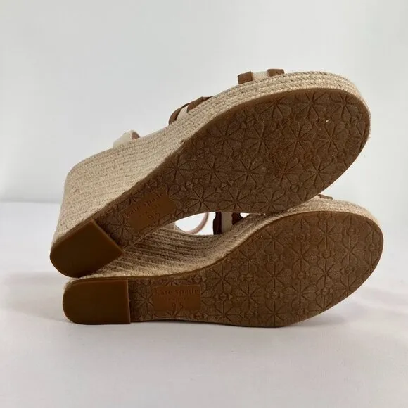 Kate Spade New York Wedge Espadrille Sandals Size 9.5 Beige Brown Leather RicRac