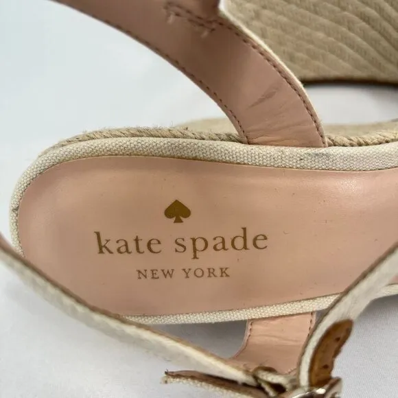 Kate Spade New York Wedge Espadrille Sandals Size 9.5 Beige Brown Leather RicRac