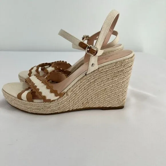 Kate Spade New York Wedge Espadrille Sandals Size 9.5 Beige Brown Leather RicRac