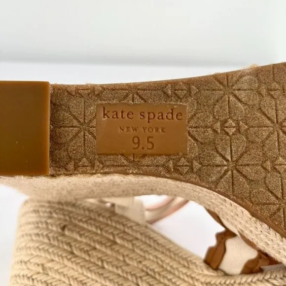 Kate Spade New York Wedge Espadrille Sandals Size 9.5 Beige Brown Leather RicRac
