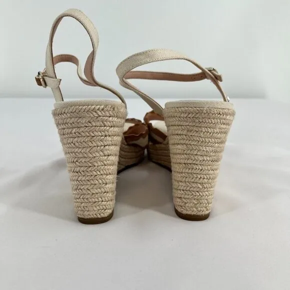 Kate Spade New York Wedge Espadrille Sandals Size 9.5 Beige Brown Leather RicRac