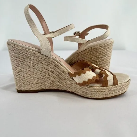 Kate Spade New York Wedge Espadrille Sandals Size 9.5 Beige Brown Leather RicRac