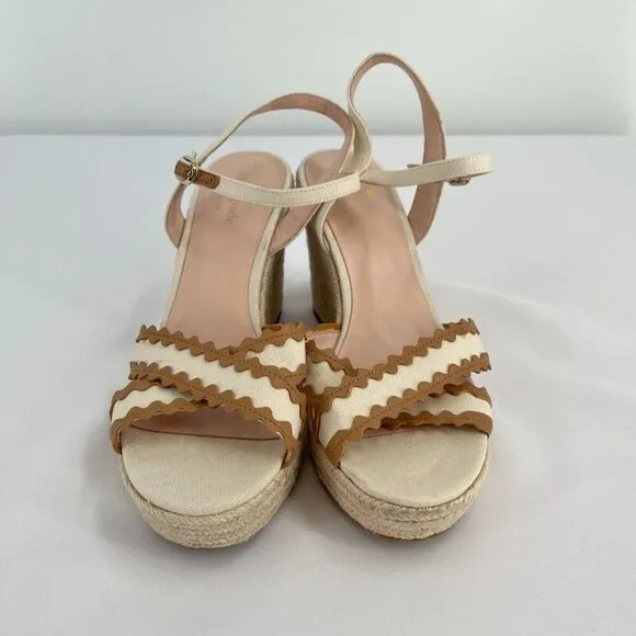 Kate Spade New York Wedge Espadrille Sandals Size 9.5 Beige Brown Leather RicRac