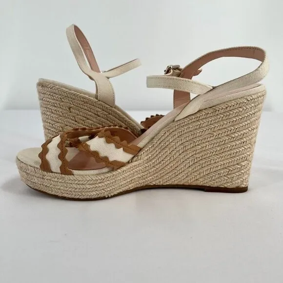 Kate Spade New York Wedge Espadrille Sandals Size 9.5 Beige Brown Leather RicRac