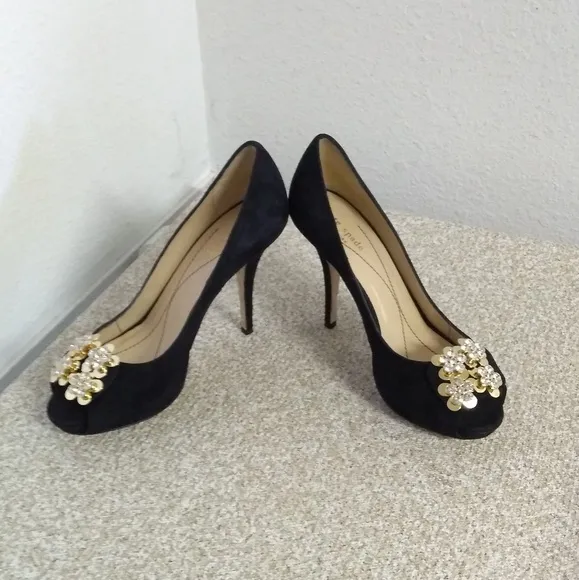 Kate Spade NY Black Suede Gold Rhinestone Shoes