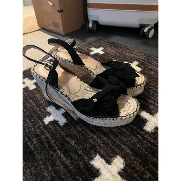 Kate Spade NY Fanni Platform Wedge Espadrille Black Suede Sandals 8