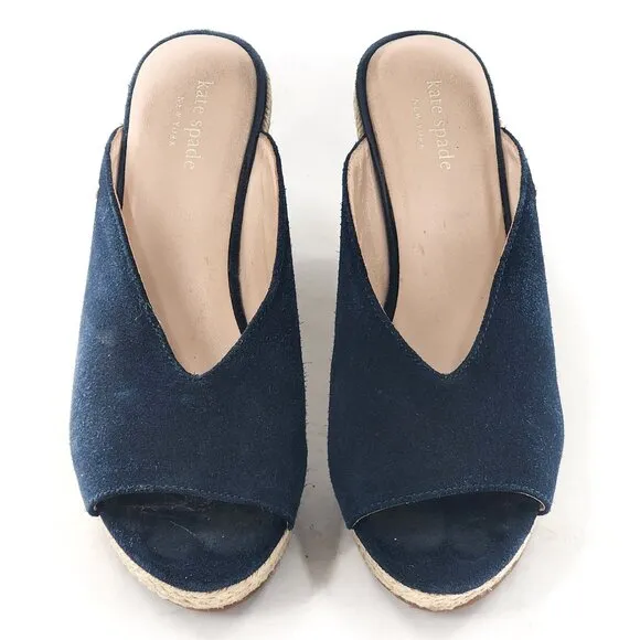 KATE SPADE Thea Suede Platform Espadrille Wedge Sandals Navy