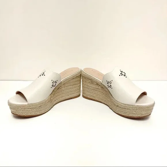 Kate Spade Tia Espadrille Wedge Sandals - Leather Slides Laser Cutout