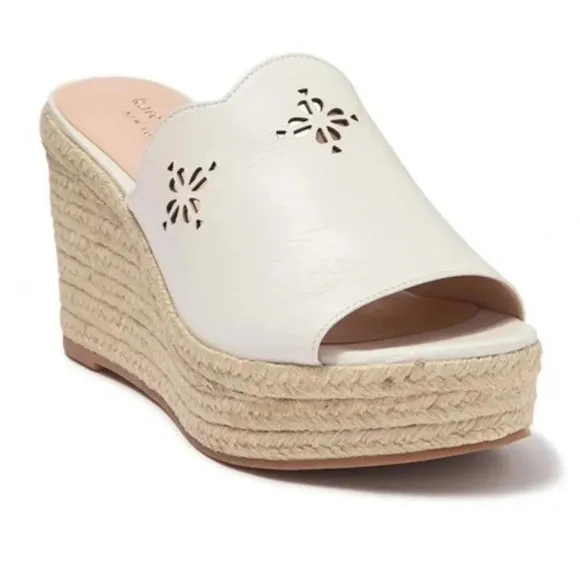 Kate Spade Tia Espadrille Wedge Sandals - Leather Slides Laser Cutout