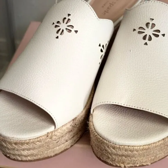 Kate Spade Tia Espadrille White Leather Wedges Shoes Sandals 9 M
