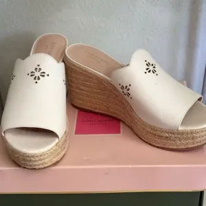 Kate Spade Tia Espadrille White Leather Wedges Shoes Sandals 9 M