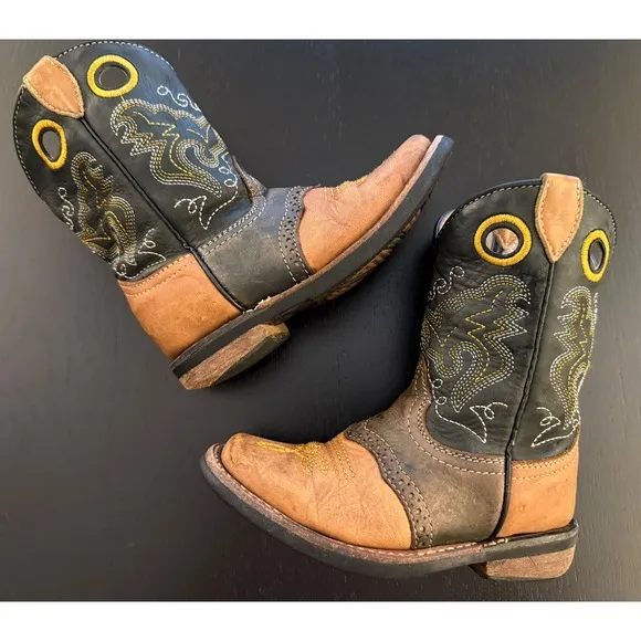 Kids Leather Western Rodeo Cowboy Boots Toddler 7 Black/Tobacco Square Toe