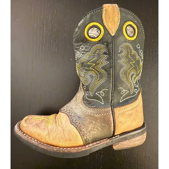 Kids Leather Western Rodeo Cowboy Boots Toddler 7 Black/Tobacco Square Toe