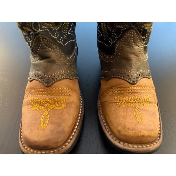 Kids Leather Western Rodeo Cowboy Boots Toddler 7 Black/Tobacco Square Toe