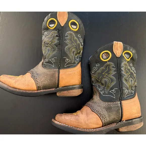 Kids Leather Western Rodeo Cowboy Boots Toddler 7 Black/Tobacco Square Toe