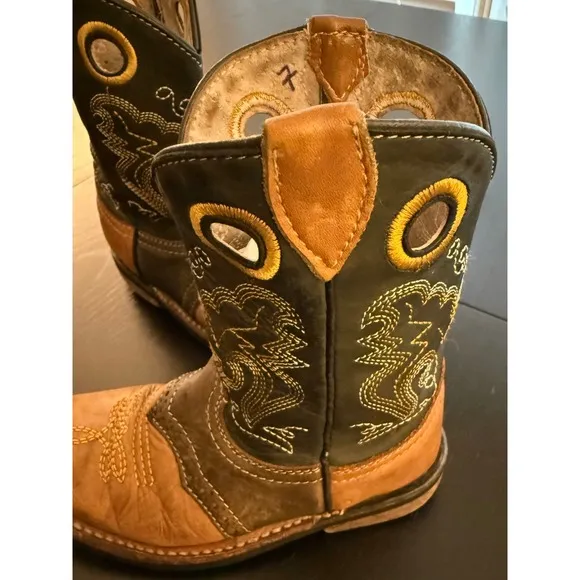 Kids Leather Western Rodeo Cowboy Boots Toddler 7 Black/Tobacco Square Toe