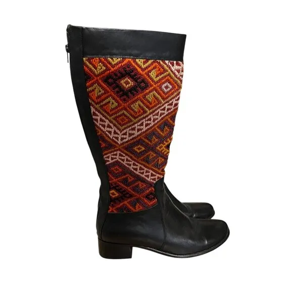 Kilim Collection Suzani Handmade Leather &amp; Wool Knee-High Boots Size 11