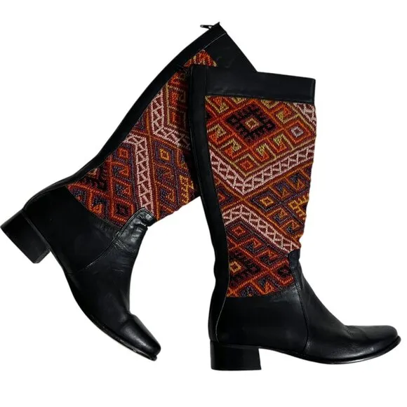 Kilim Collection Suzani Handmade Leather &amp; Wool Knee-High Boots Size 11