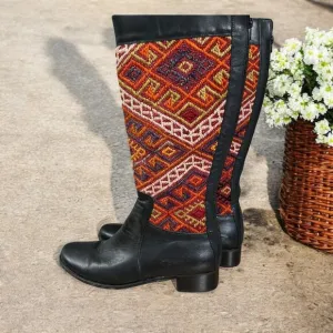 Kilim Collection Suzani Handmade Leather &amp; Wool Knee-High Boots Size 11