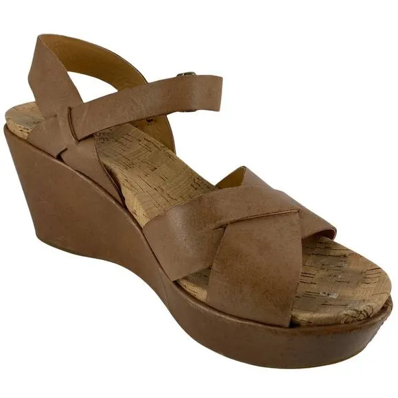 KORK-EASE Women's Size 10 Sandals Ava 2.0 Leather Tan Platform Criss-Cross Wedge