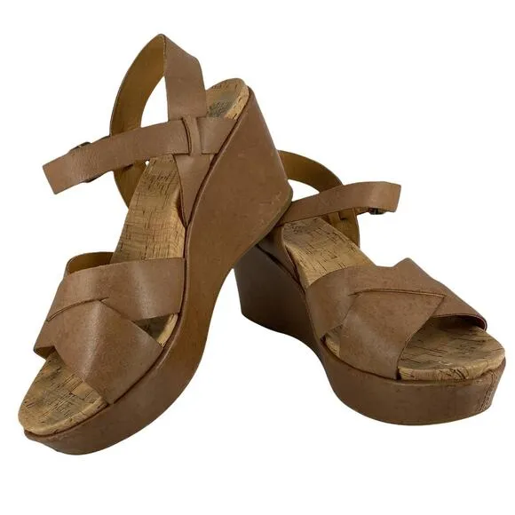 KORK-EASE Women's Size 10 Sandals Ava 2.0 Leather Tan Platform Criss-Cross Wedge