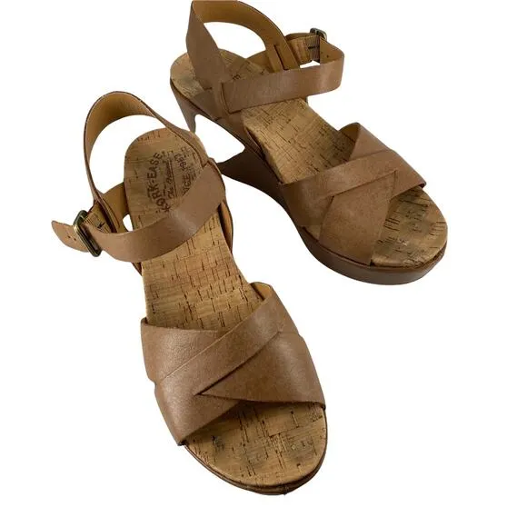 KORK-EASE Women's Size 10 Sandals Ava 2.0 Leather Tan Platform Criss-Cross Wedge