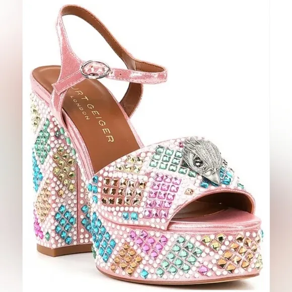 Kurt Geiger London Kensington Glitz Rainbow Rhinestone Platform Sandals NEW EU39