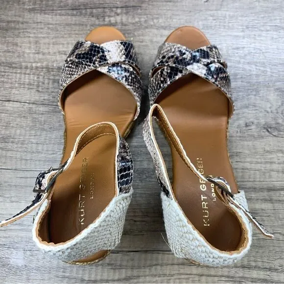 Kurt Geiger~”Leona”~Wedge Espadrille Sandals Grey Light Snake Print~Size 10/41