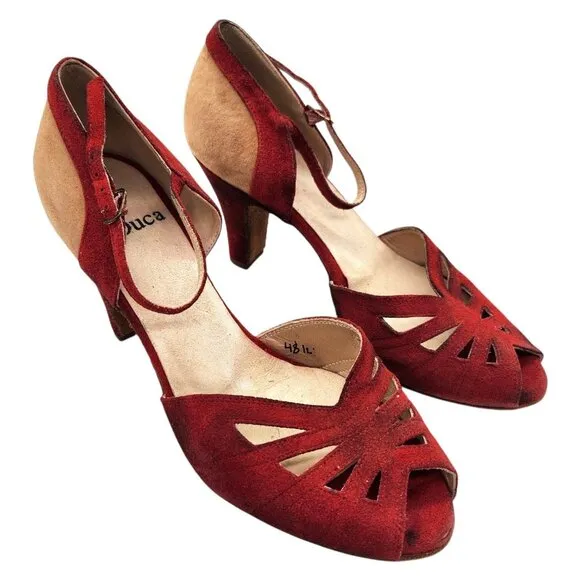 La Duca Suede 3&quot; Heel Character Dance Shoes 36 Peep Toe Soft Sole Red Tan Beige