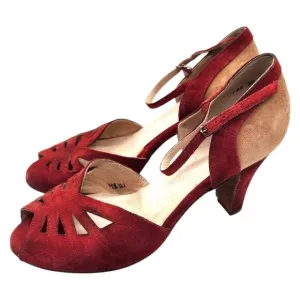 La Duca Suede 3&quot; Heel Character Dance Shoes 36 Peep Toe Soft Sole Red Tan Beige