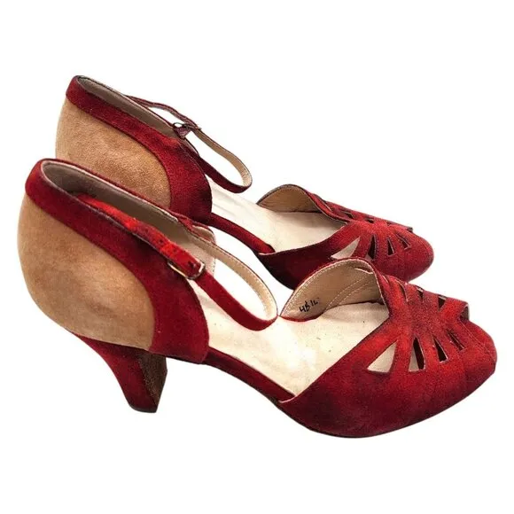 La Duca Suede 3&quot; Heel Character Dance Shoes 36 Peep Toe Soft Sole Red Tan Beige