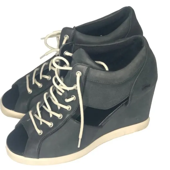 LACOSTE Wedge Bernelle Peep2 Leather / Textile Size 8 Lace up Shoes Gray