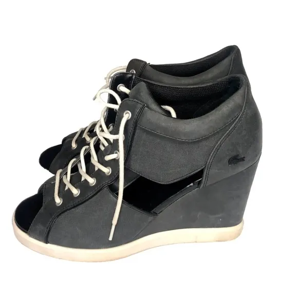 LACOSTE Wedge Bernelle Peep2 Leather / Textile Size 8 Lace up Shoes Gray
