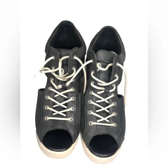 LACOSTE Wedge Bernelle Peep2 Leather / Textile Size 8 Lace up Shoes Gray