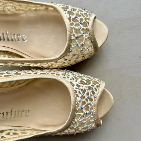 Lady Couture Ivy Peep Toe Gold Lace Mesh Stiletto Heels NIB Women’s EU 39 US 8