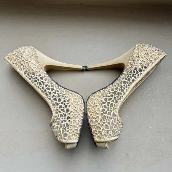 Lady Couture Ivy Peep Toe Gold Lace Mesh Stiletto Heels NIB Women’s EU 39 US 8