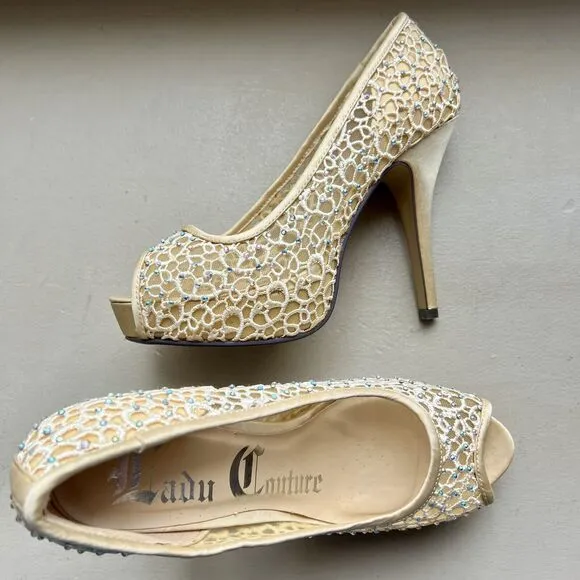 Lady Couture Ivy Peep Toe Gold Lace Mesh Stiletto Heels NIB Women’s EU 39 US 8