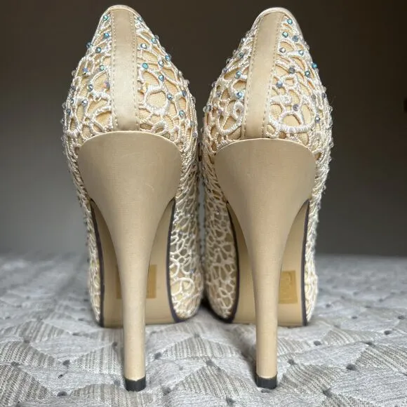 Lady Couture Ivy Peep Toe Gold Lace Mesh Stiletto Heels NIB Women’s EU 39 US 8