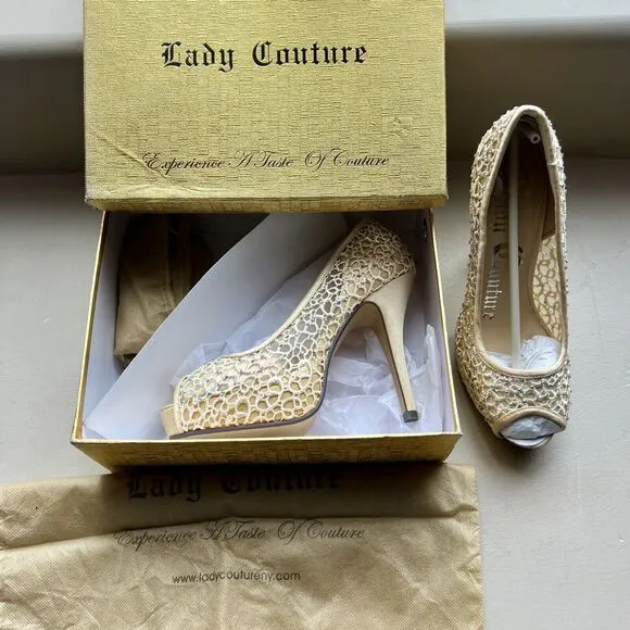 Lady Couture Ivy Peep Toe Gold Lace Mesh Stiletto Heels NIB Women’s EU 39 US 8