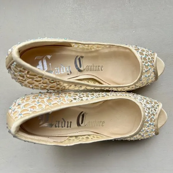 Lady Couture Ivy Peep Toe Gold Lace Mesh Stiletto Heels NIB Women’s EU 39 US 8