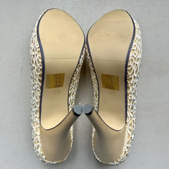 Lady Couture Ivy Peep Toe Gold Lace Mesh Stiletto Heels NIB Women’s EU 39 US 8