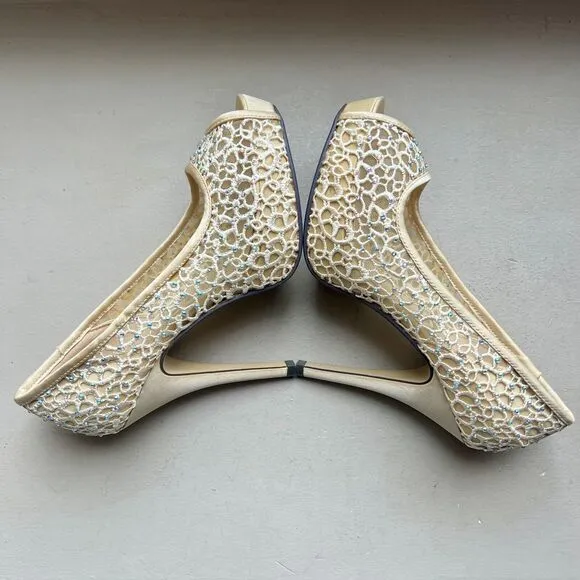 Lady Couture Ivy Peep Toe Gold Lace Mesh Stiletto Heels NIB Women’s EU 39 US 8