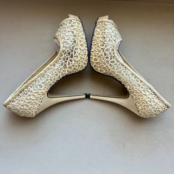 Lady Couture Ivy Peep Toe Gold Lace Mesh Stiletto Heels NIB Women’s EU 40 US 9