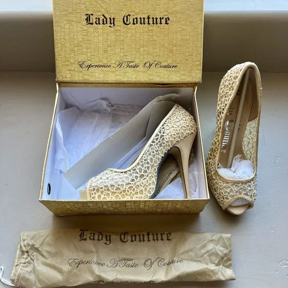 Lady Couture Ivy Peep Toe Gold Lace Mesh Stiletto Heels NIB Women’s EU 40 US 9