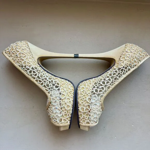 Lady Couture Ivy Peep Toe Gold Lace Mesh Stiletto Heels NIB Women’s EU 40 US 9