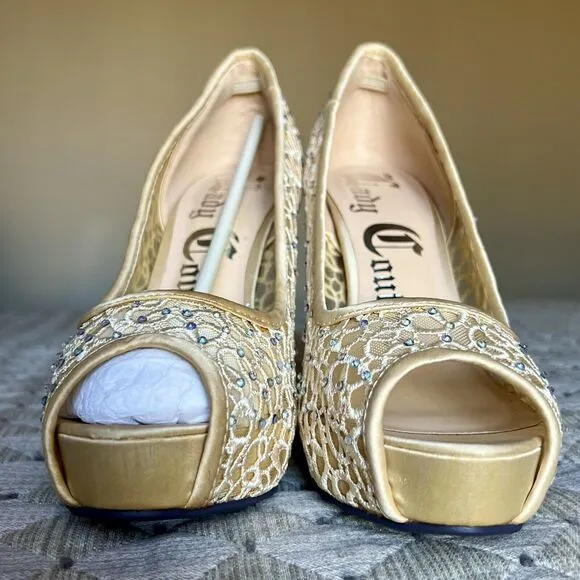 Lady Couture Ivy Peep Toe Gold Lace Mesh Stiletto Heels NIB Women’s EU 40 US 9