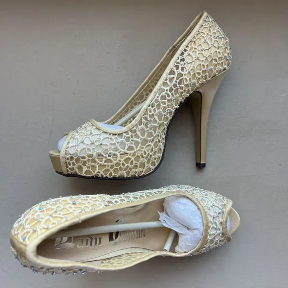 Lady Couture Ivy Peep Toe Gold Lace Mesh Stiletto Heels NIB Women’s EU 40 US 9