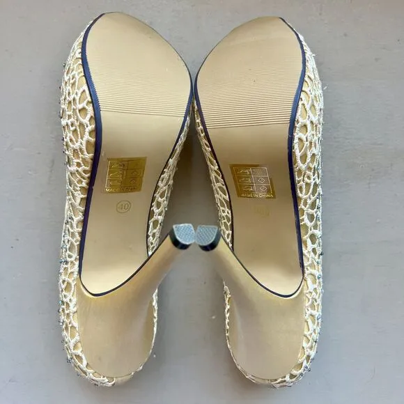 Lady Couture Ivy Peep Toe Gold Lace Mesh Stiletto Heels NIB Women’s EU 40 US 9
