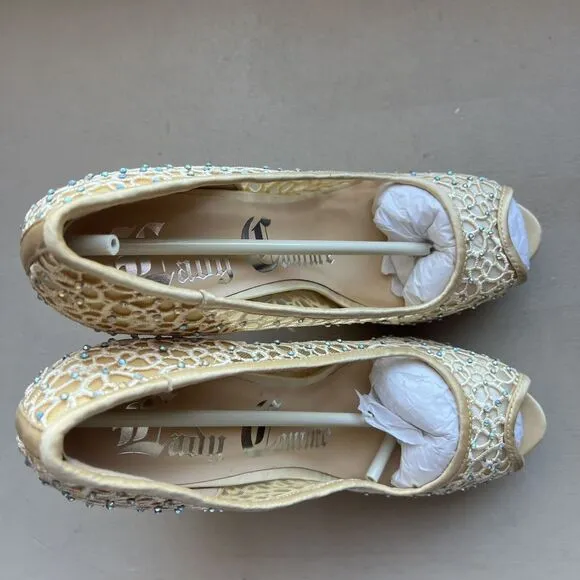 Lady Couture Ivy Peep Toe Gold Lace Mesh Stiletto Heels NIB Women’s EU 40 US 9