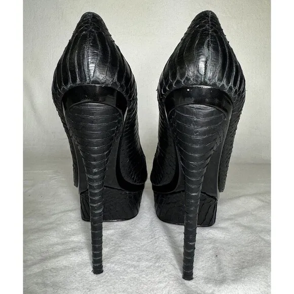 L.A.M.B. Ilane Black Snakeskin Leather Peep Toe Platform Pumps Size 9 Sexy Pinup